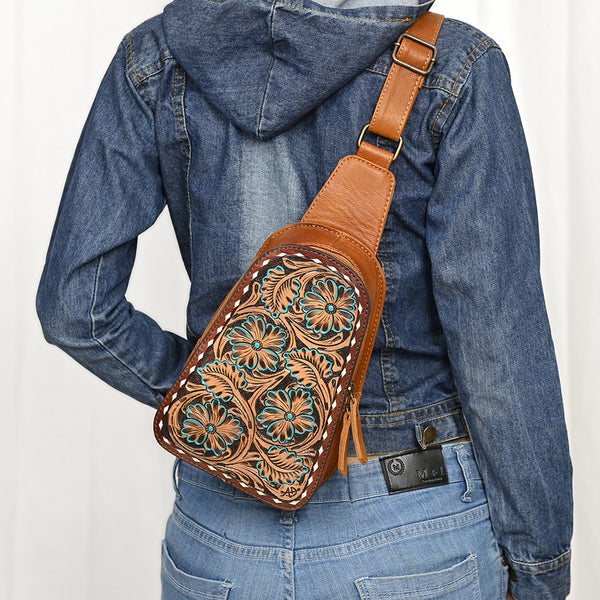 ADBG1481 American Darling Western Leather Sling Bag with Hand-Tooled Floral Carving Genuine Leather