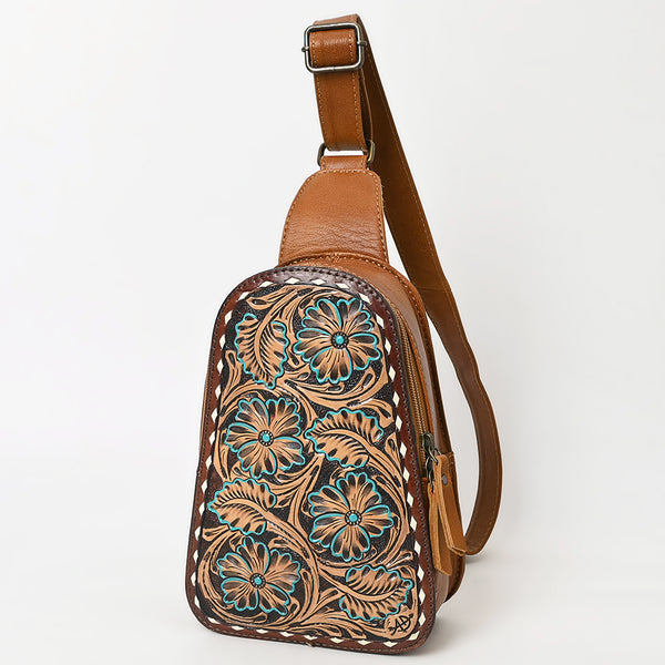 ADBG1481 American Darling Western Leather Sling Bag with Hand-Tooled Floral Carving Genuine Leather