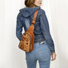 ADBG1481 American Darling Western Leather Sling Bag with Hand-Tooled Floral Carving Genuine Leather