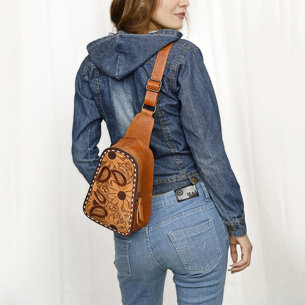 ADBG1481 American Darling Western Leather Sling Bag with Hand-Tooled Floral Carving Genuine Leather
