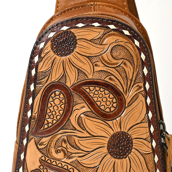 ADBG1481 American Darling Western Leather Sling Bag with Hand-Tooled Floral Carving Genuine Leather