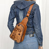 ADBG1481 American Darling Western Leather Sling Bag with Hand-Tooled Floral Carving Genuine Leather