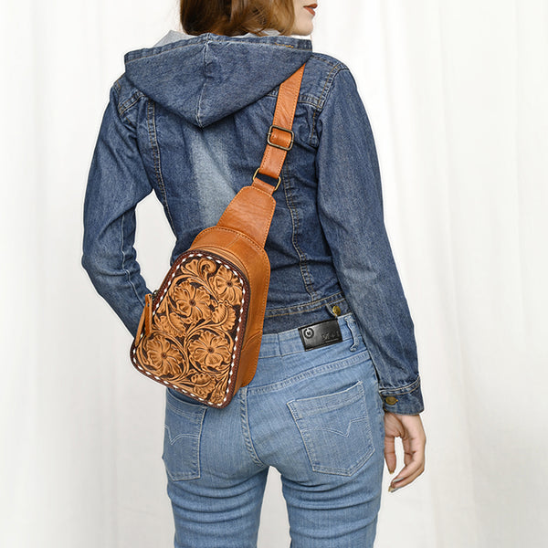 ADBG1481 American Darling Western Leather Sling Bag with Hand-Tooled Floral Carving Genuine Leather