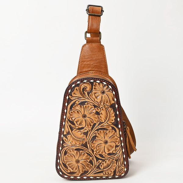ADBG1481 American Darling Western Leather Sling Bag with Hand-Tooled Floral Carving Genuine Leather