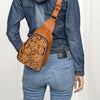 ADBG1481 American Darling Western Leather Sling Bag with Hand-Tooled Floral Carving Genuine Leather