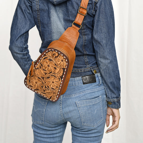 ADBG1481 American Darling Western Leather Sling Bag with Hand-Tooled Floral Carving Genuine Leather