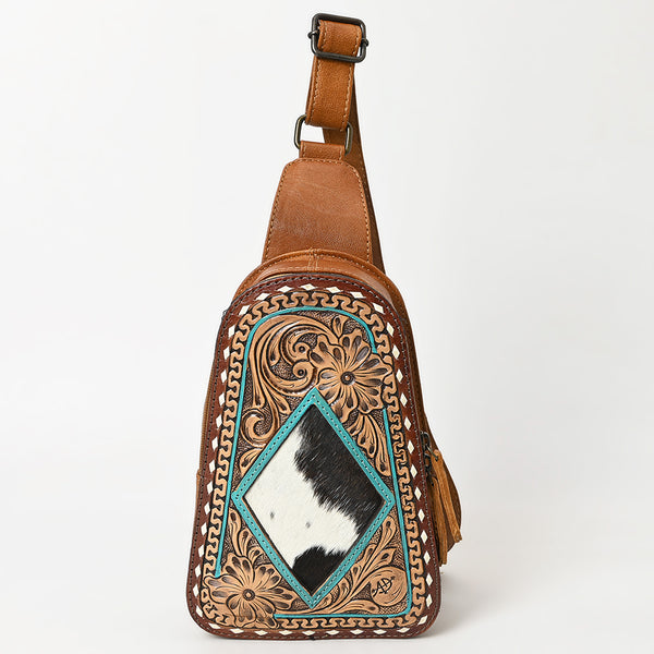 ADBG1481 American Darling Western Leather Sling Bag with Hand-Tooled Floral Carving Genuine Leather