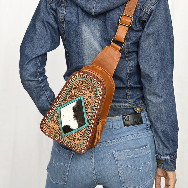ADBG1481 American Darling Western Leather Sling Bag with Hand-Tooled Floral Carving Genuine Leather