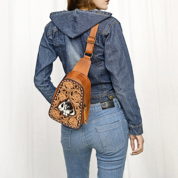 ADBG1481 American Darling Western Leather Sling Bag with Hand-Tooled Floral Carving Genuine Leather