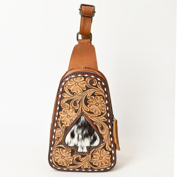 ADBG1481 American Darling Western Leather Sling Bag with Hand-Tooled Floral Carving Genuine Leather