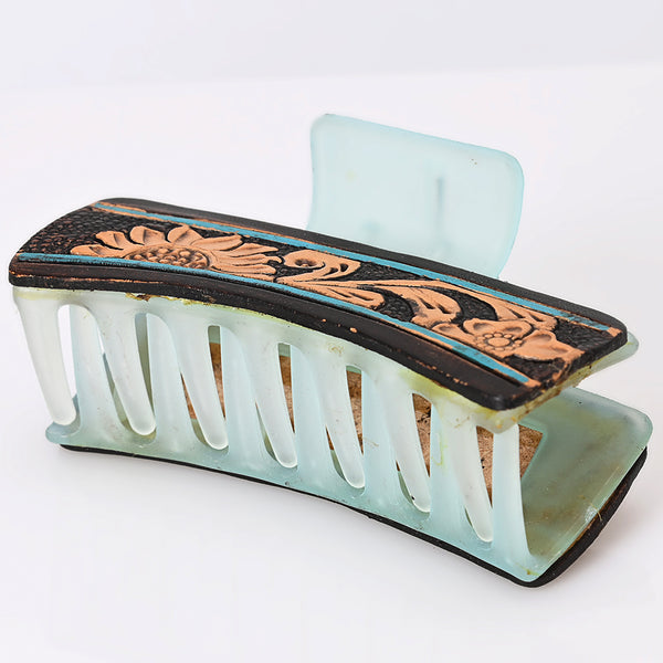 ADHC114 Turquoise Bloom Hair Band Clip Clutcher - Hand Tooled Leather | American Darling