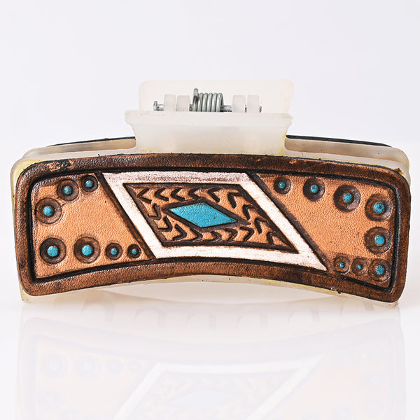 ADHC122 Geometric Turquoise & Copper Tooled Leather Hair Band Clip Clutcher | American Darling