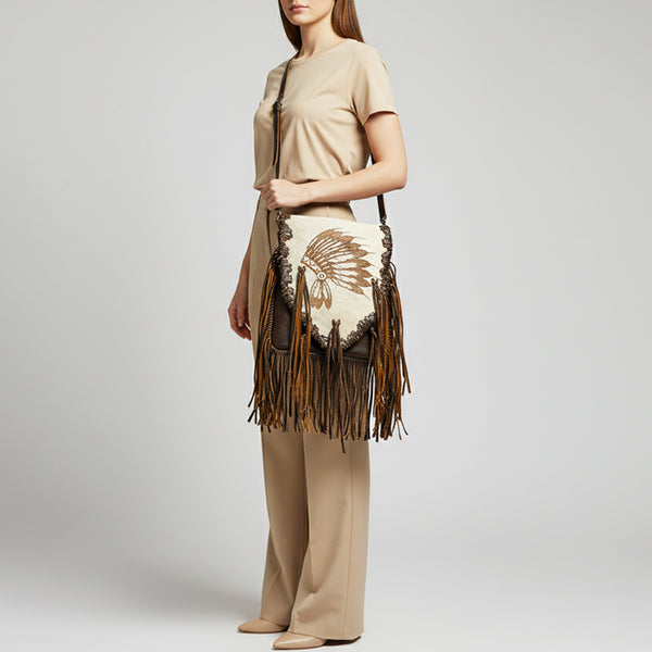 ADBGM416 Engraved Designed Hair-On Fringe Messenger Bag with Braided Trim - American Darling