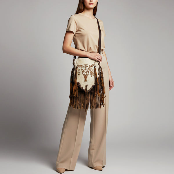 ADBGM416 Engraved Designed Hair-On Fringe Messenger Bag with Braided Trim - American Darling