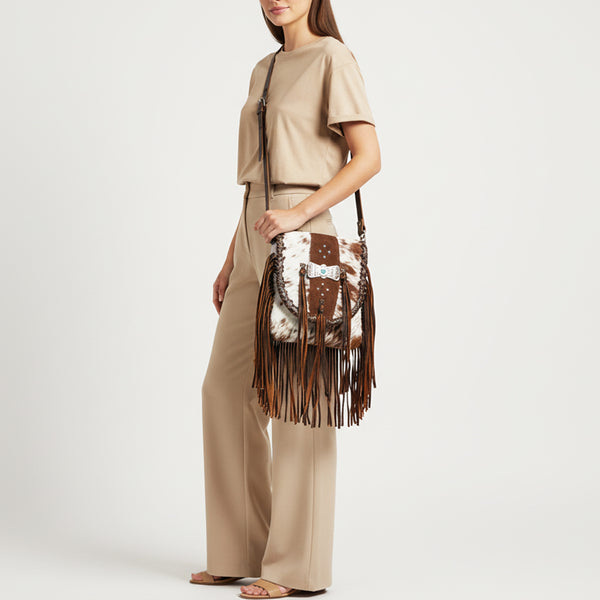 ADBGM419 Cowhide Leather Fringe Messenger Bag with Turquoise Concho & Braided Trim - American Darling