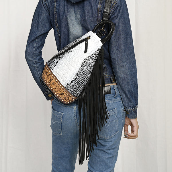 ADBG1482 American Darling Crocodile Embossed Sling Bag | Hand-Tooled Leather Fringe Bag