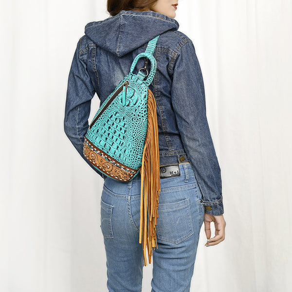 ADBG1482 American Darling Crocodile Embossed Sling Bag | Hand-Tooled Leather Fringe Bag