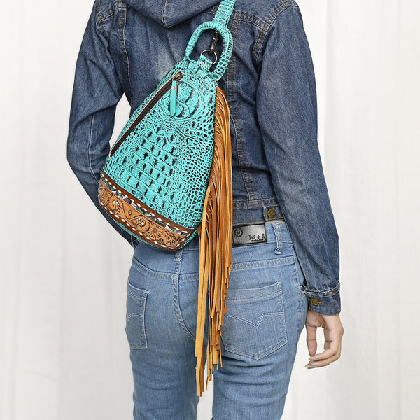 ADBG1482 American Darling Crocodile Embossed Sling Bag | Hand-Tooled Leather Fringe Bag