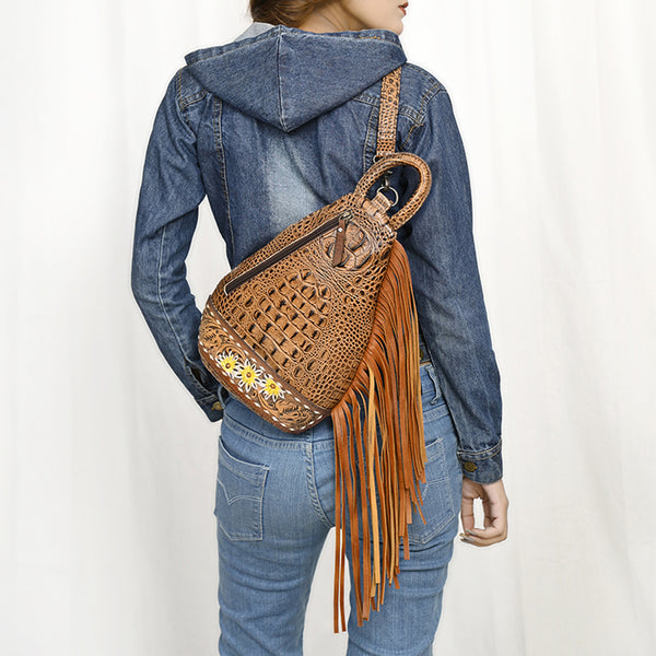 ADBG1482 American Darling Crocodile Embossed Sling Bag | Hand-Tooled Leather Fringe Bag