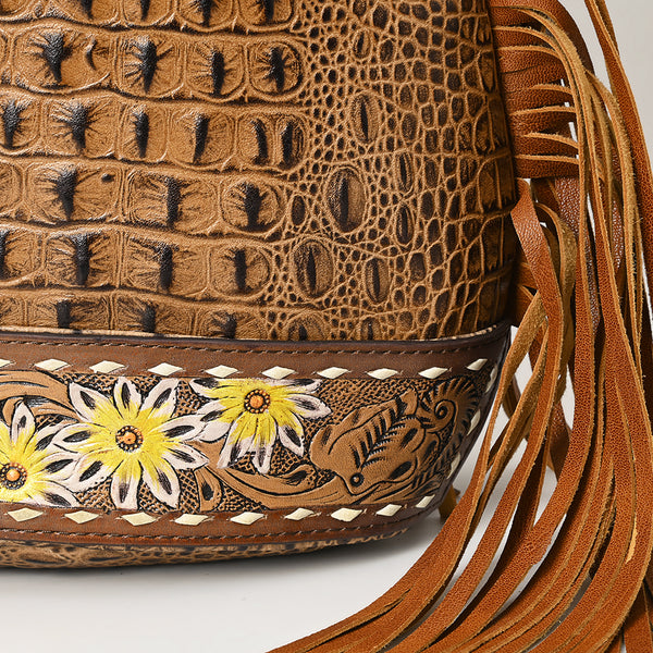 ADBG1482 American Darling Crocodile Embossed Sling Bag | Hand-Tooled Leather Fringe Bag