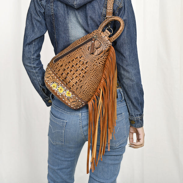 ADBG1482 American Darling Crocodile Embossed Sling Bag | Hand-Tooled Leather Fringe Bag