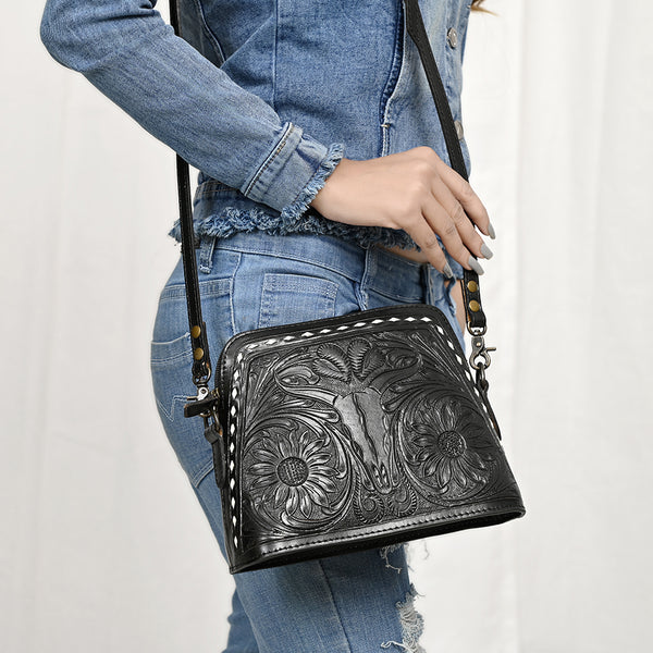ADBG769 American Darling Hand Tooled Western Leather Crossbody - Floral Carved Full Grain Leather