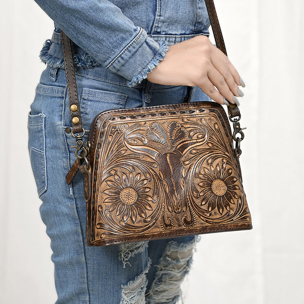 ADBG769 American Darling Hand Tooled Western Leather Crossbody - Floral Carved Full Grain Leather