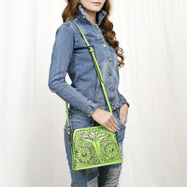 ADBG769 American Darling Hand Tooled Western Leather Crossbody - Floral Carved Full Grain Leather