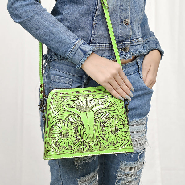 ADBG769 American Darling Hand Tooled Western Leather Crossbody - Floral Carved Full Grain Leather