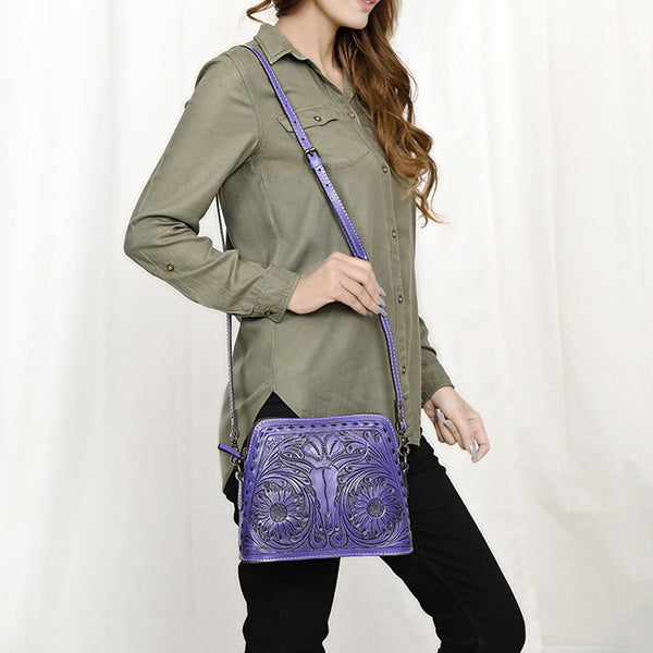 ADBG769 American Darling Hand Tooled Western Leather Crossbody - Floral Carved Full Grain Leather