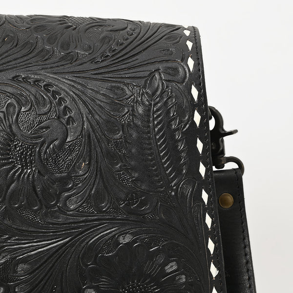ADBGZ780A Black Hand-Tooled Leather Crossbody Bag - Western Floral Flap Purse