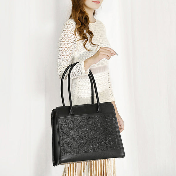 ADBGZ782A Structured Black Leather Tote Handbag - Hand-Tooled Floral Western Panel