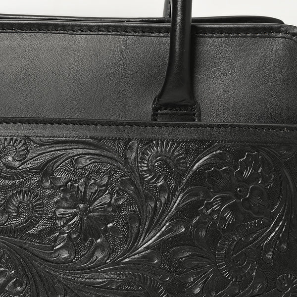 ADBGZ782A Structured Black Leather Tote Handbag - Hand-Tooled Floral Western Panel