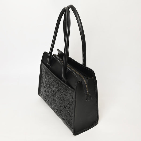 ADBGZ782A Structured Black Leather Tote Handbag - Hand-Tooled Floral Western Panel