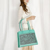 ADBGZ782 Structured Turquoise Leather Tote Handbag - Hand-Tooled Floral Western Panel