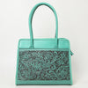 ADBGZ782 Structured Turquoise Leather Tote Handbag - Hand-Tooled Floral Western Panel