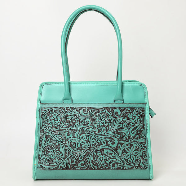 ADBGZ782 Structured Turquoise Leather Tote Handbag - Hand-Tooled Floral Western Panel