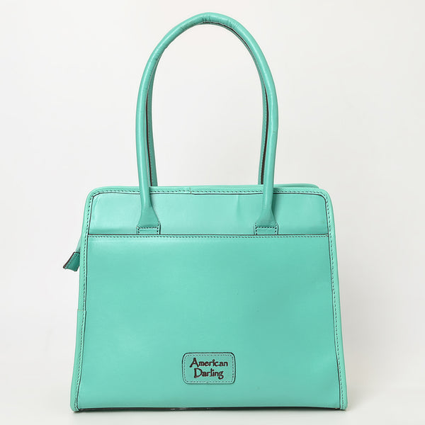 ADBGZ782 Structured Turquoise Leather Tote Handbag - Hand-Tooled Floral Western Panel