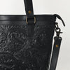 ADBGZ783A Hand-Tooled Black Leather Tote Bag - Western Floral Design with Detachable Strap