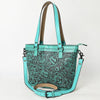 ADBGZ783 Hand-Tooled Turquoise Leather Tote Bag - Western Floral Design with Detachable Strap