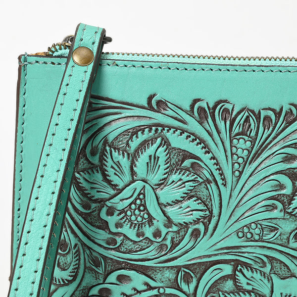 ADBGZ784 Hand-Tooled Leather Wristlet Clutch - Western Floral Design
