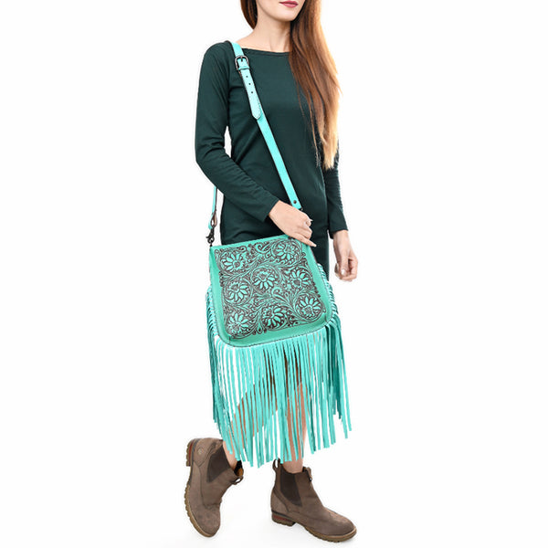 ADBGZ826 Hand-Tooled Leather Fringe Messenger Bag Western Floral Saddle Style