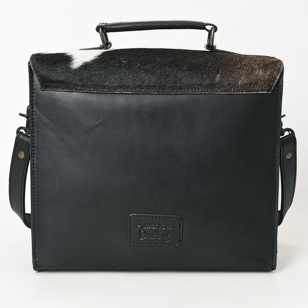 ADBGZ827A Black & White Cowhide Western Briefcase Bag Hand-Tooled Leather Trim