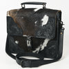 ADBGZ827A Black & White Cowhide Western Briefcase Bag Hand-Tooled Leather Trim