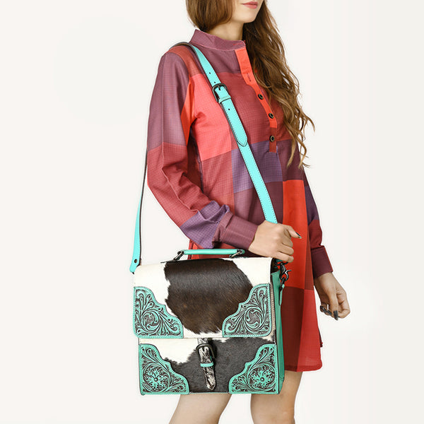 ADBGZ827 Cowhide & Hand-Tooled Leather Western Briefcase Bag - Natural Hair-On with Floral Accents