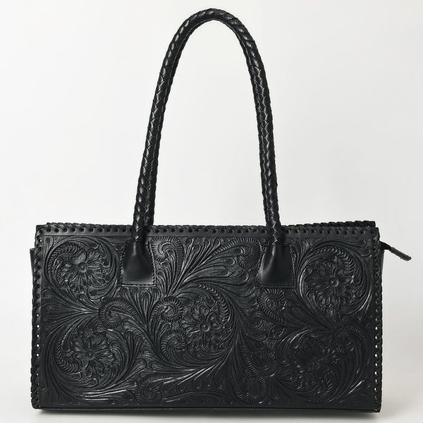 ADBGZ833A Black Hand-Tooled Leather Western Tote bag Braided Handles & Floral Carving