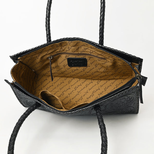 ADBGZ833A Black Hand-Tooled Leather Western Tote bag Braided Handles & Floral Carving
