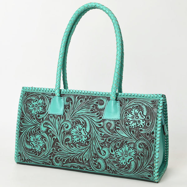 ADBGZ833 Hand-Tooled Leather Western Handbag - Floral Design with Braided Handles