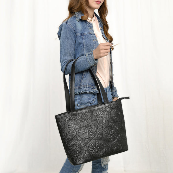 ADBGZ837A Black Hand-Tooled Leather Tote Bag Western Floral Elegance