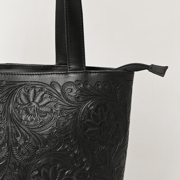 ADBGZ837A Black Hand-Tooled Leather Tote Bag Western Floral Elegance